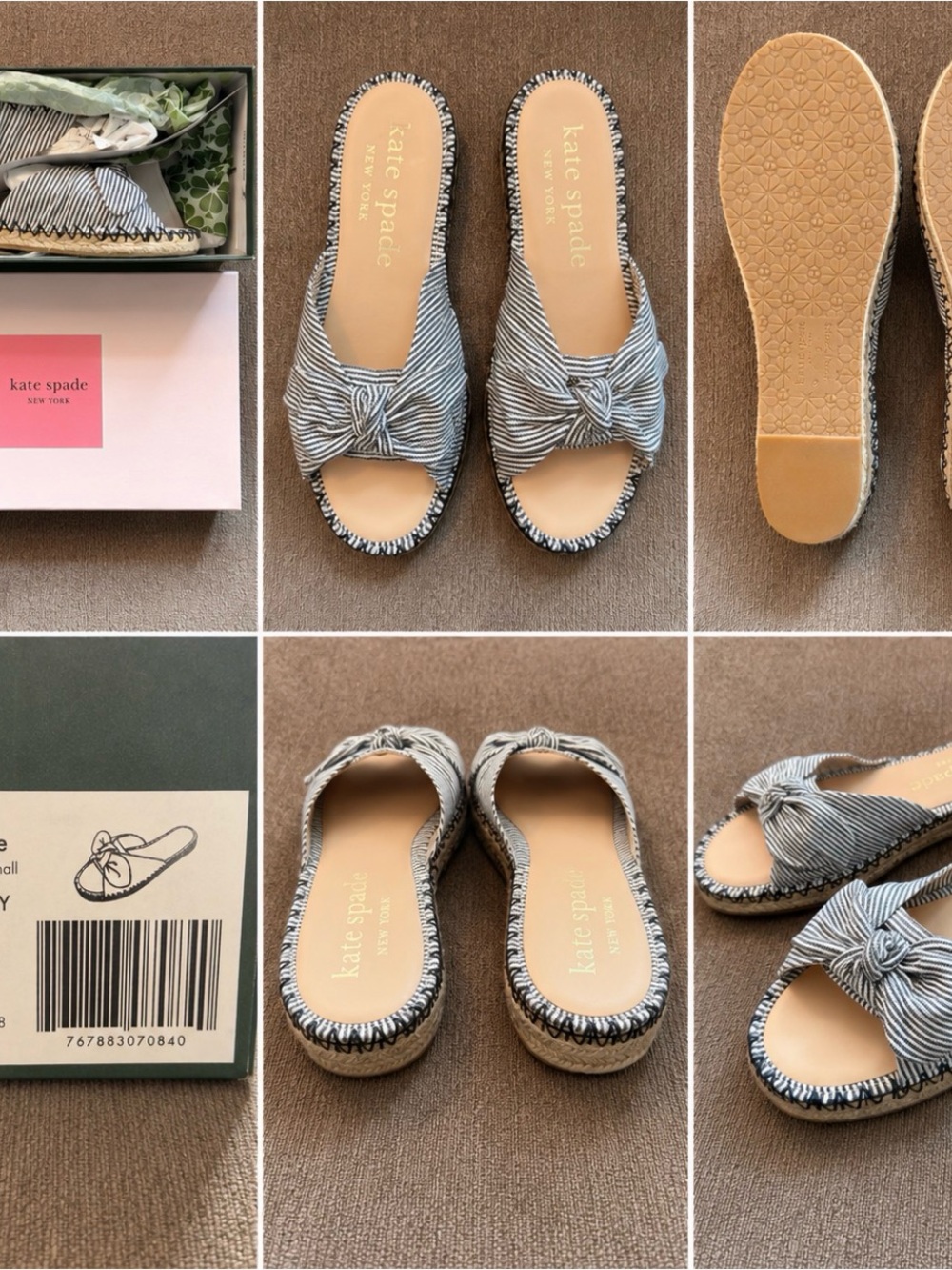 kate spade striped knot espadrille slide - blue & white